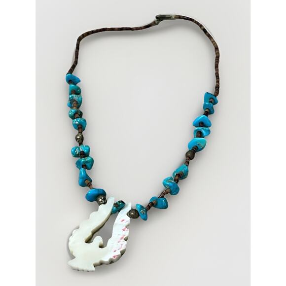 Turquoise Shell & Mother Of Pearl Thunderbird Pendant Nickel Silver Necklace 20” - Picture 5 of 13